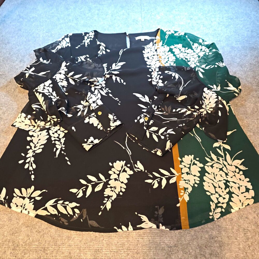 Calvin Klein Black Green Floral Chiffon Shift Dress Flutter Sleeve Round XL